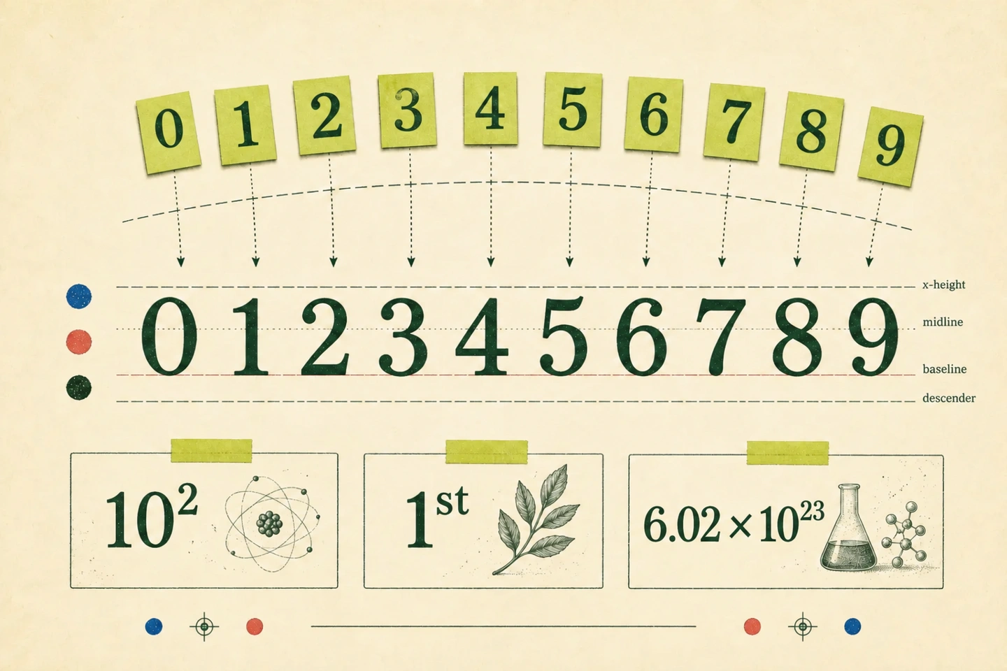 A typographic specimen showing digits moving above a baseline with examples 10 squared, first, and 6.02 multiplied by 10 to the power of 23