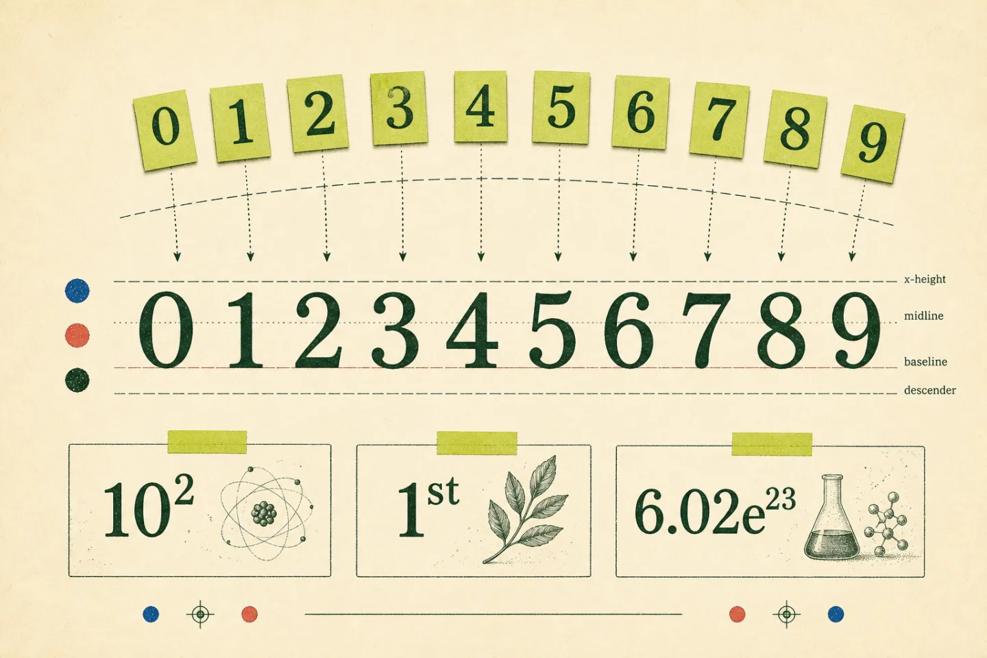 A typographic specimen showing digits moving above a baseline with examples 10 squared, first, and 6.02e23
